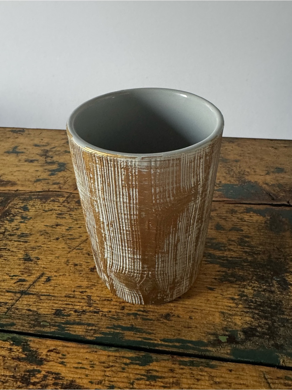 Rustic Wood-Texture Ceramic Vase in Gold and Blueish Grey